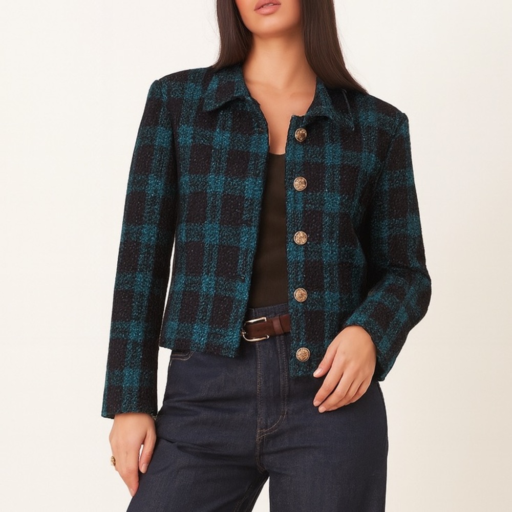 Vintage Kasper & Co Tweed Plaid Jacket Gold Buttons | Size 12P